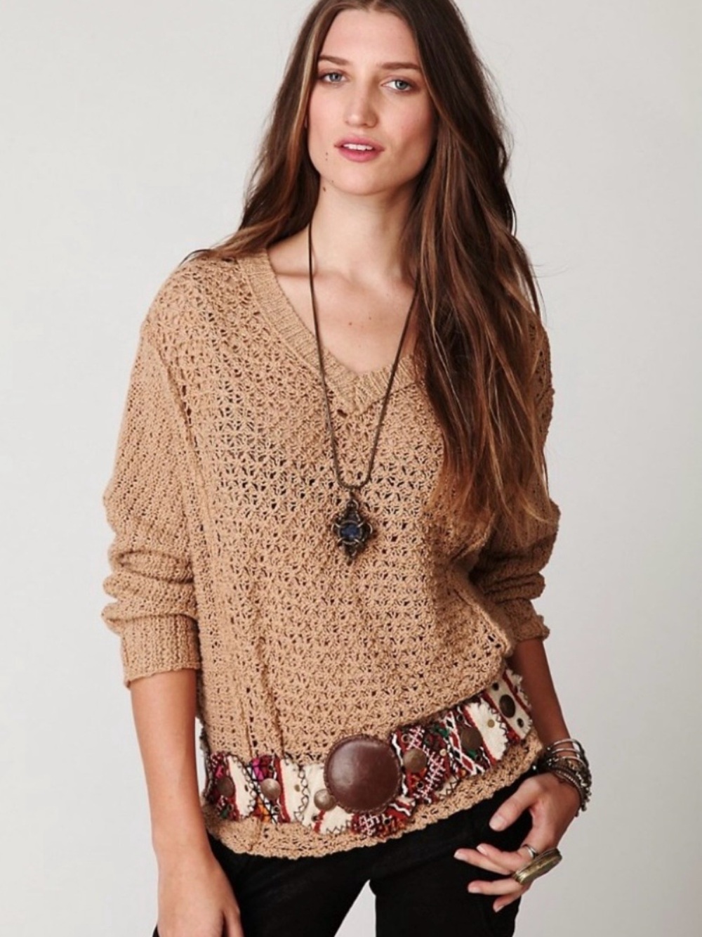 Free People Baja Laguna Coast Oversized Crochet Open Knit Tan V-Neck Sweater - Picture 2 of 10